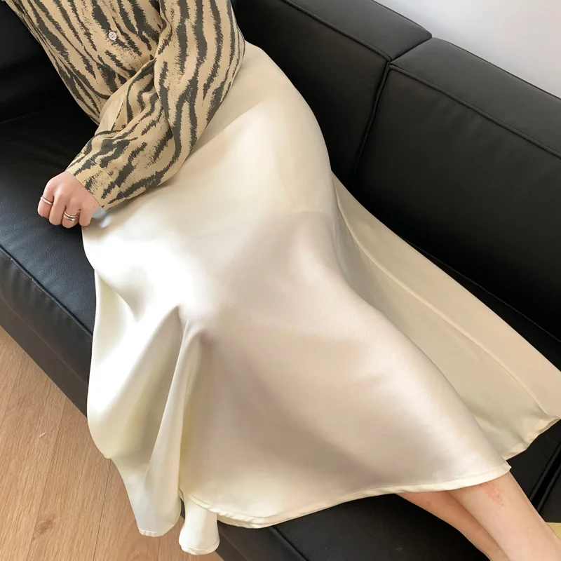 Юбка Женская атласная средней длины элегантная Однотонная юбка трапеция с