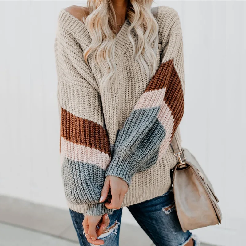 ZOGAA Fashion Striped V Neck Pullover Women 2019 Autumn Winter Gray Long Sleeves Sweaters Female High Street Loose Mujer Jumper | Женская