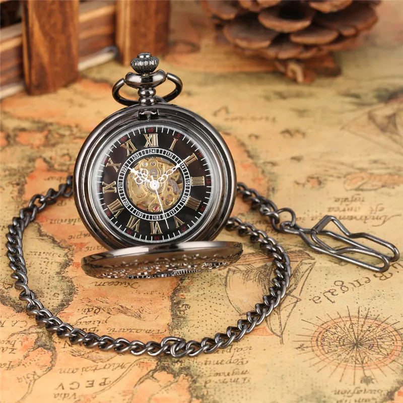 Steampunk Black Men Women Hand-wind Mechanical Pocket Watch Hollow Out Gear Case Skeleton Clock with Pendant Chain Roman Number