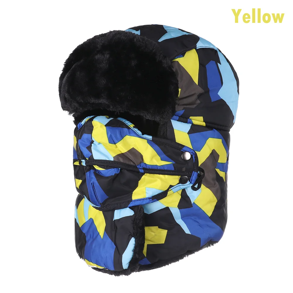 yellow Зимняя шапка-бомбер, головные уборы для мужчин и женщин, утолщенные хлопковые бархатные зимние теплые шапки с ушками, ветрозащитные лыжные камуфляжные шапки-бомберы - Цвет: yellow