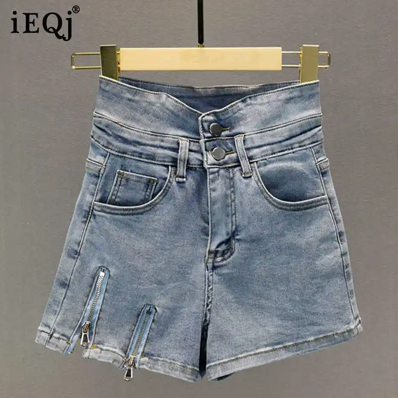 

IEQJ 2021 new high waist zippers blue summer fashion women clothes pocket fashion hots female shorts elastic WR24005L