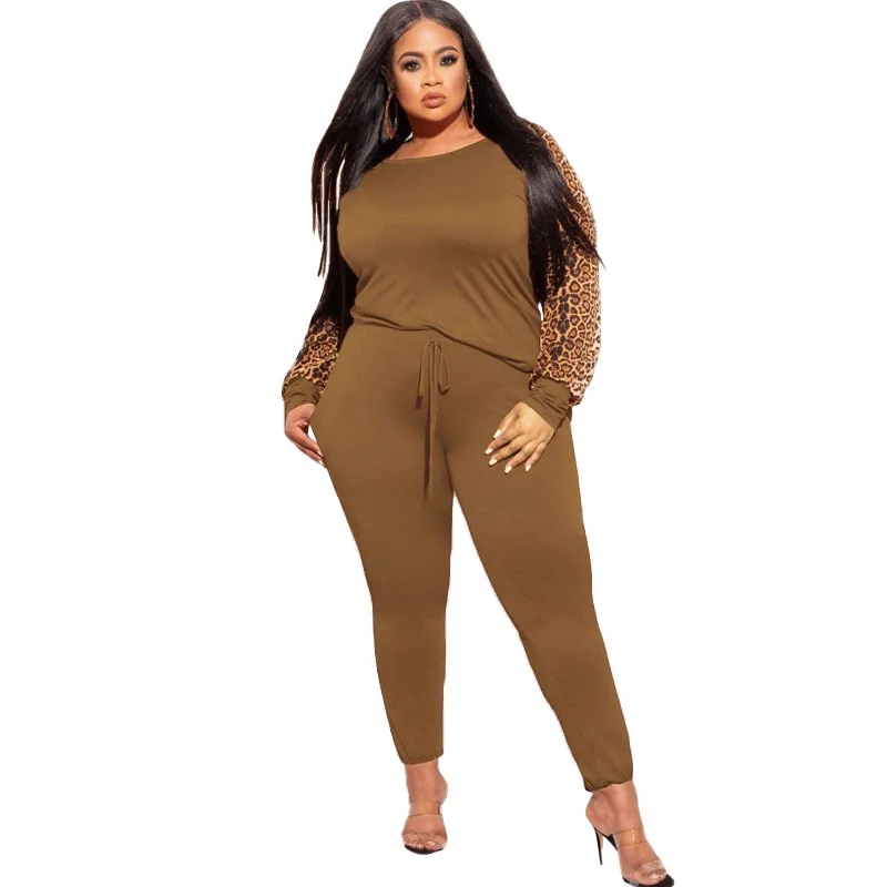 

Plus Size Two 2 Piece Set Outfits Leopard Print O Neck Tshirt And Pencil Pants Sets New Autumn Clothing Women's Set
