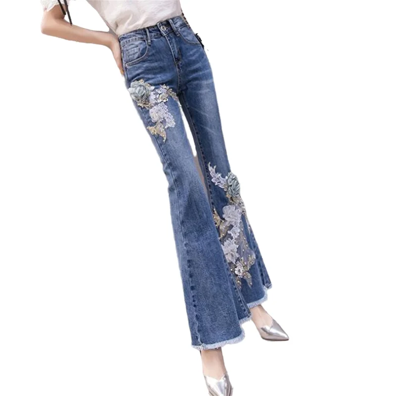 Women Beaded 3D Floral Embroidered Jeans Stretch Woman Long Denim Trousers Slim Skinny Vintage Flare Pants