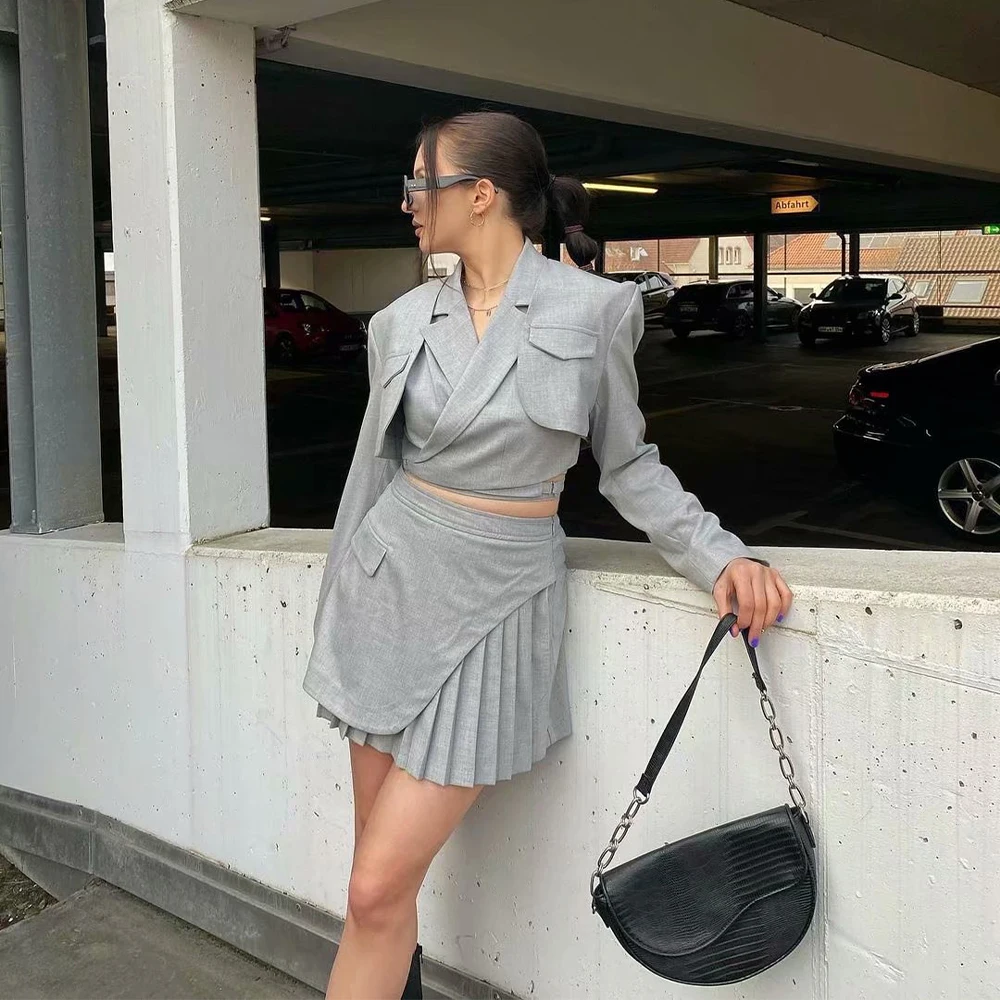 

Новинка 2021, Женский комплект с блейзером, укороченный Блейзер, мини-юбка и жилет, высокая мода, Женский комплект одежды для лета