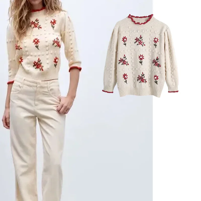 

Women's Sweater Za 2021 New Fashion Slim embroidery Jacquard Knitted Sweater Round neck Long Sleeve Female pullover Chic Tops
