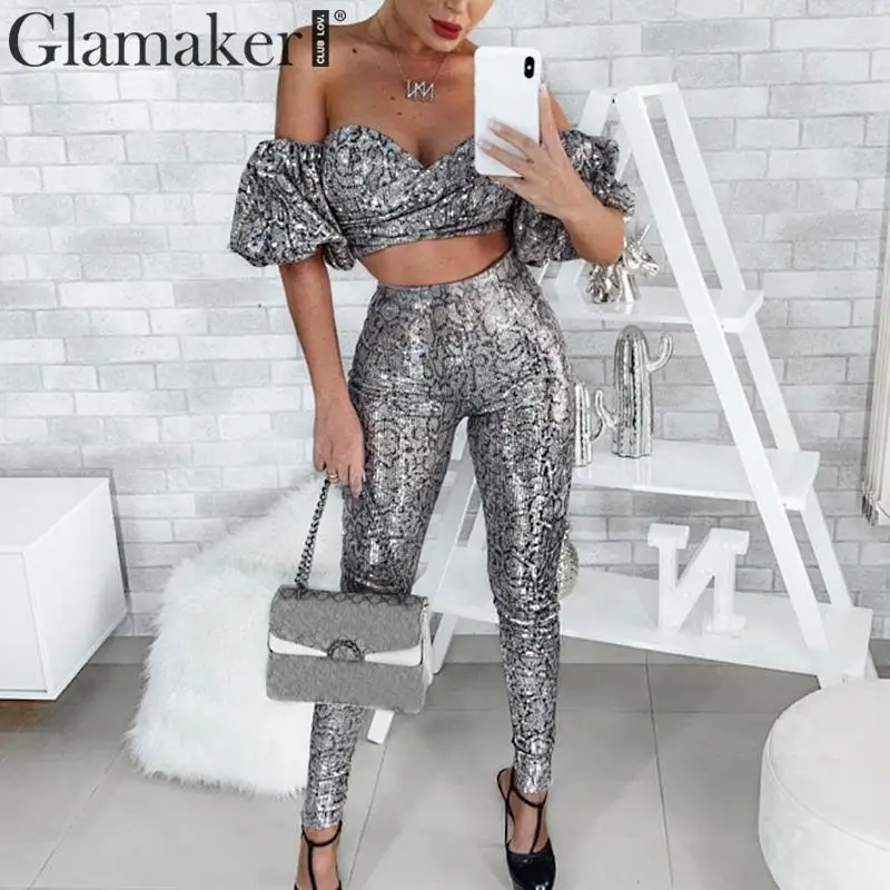 Glamaker с открытыми плечами змеиный принт длинный комбинезон Осенний женский