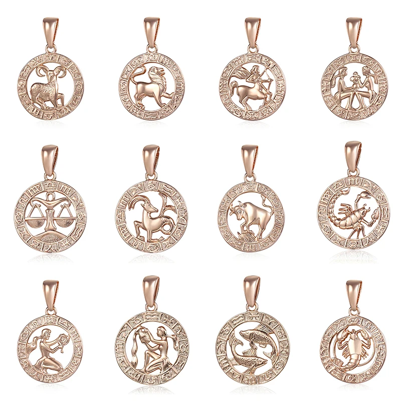 12pcs 585 Rose Gold Trendsmax 12 шт. Знак зодиака Созвездие 585 розовое золото кулон ожерелье опт золотой цвет кулон в виде зодиака GPM24/16 - Metal color: 12pcs 585 Rose Gold