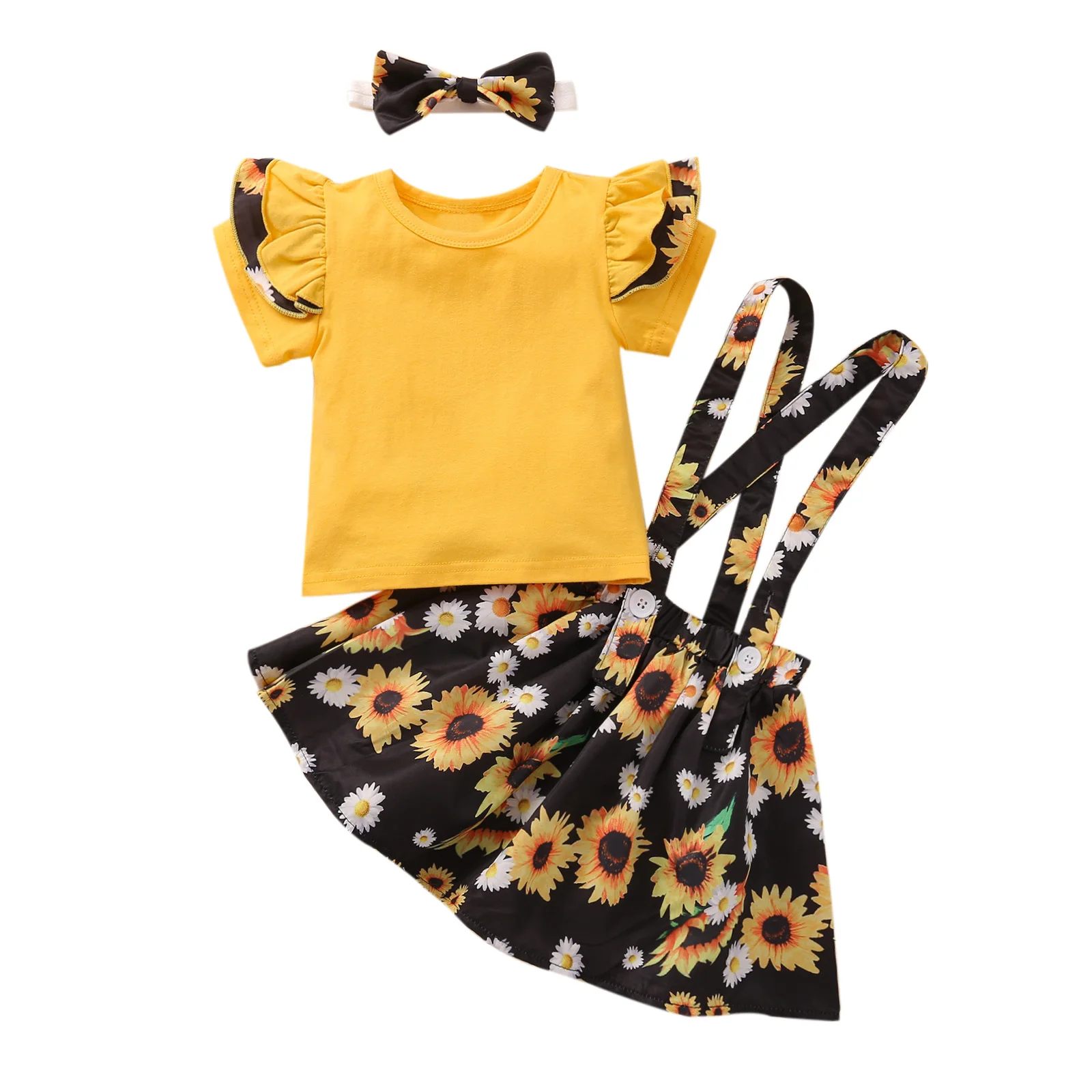 

Костюм-тройка для девочки, Однотонная футболка с коротким рукавом и юбка с подсолнухами и повязкой на голову