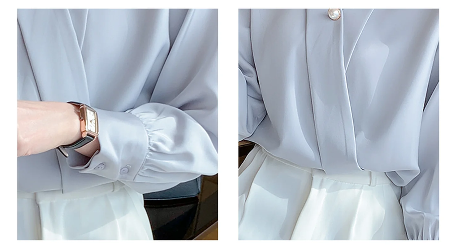 

2021 New Fashion Chiffon Women Blouse and Tops Office Long Sleeve Elegant Women Shirts with Beading V Neck Loose Female Clothing