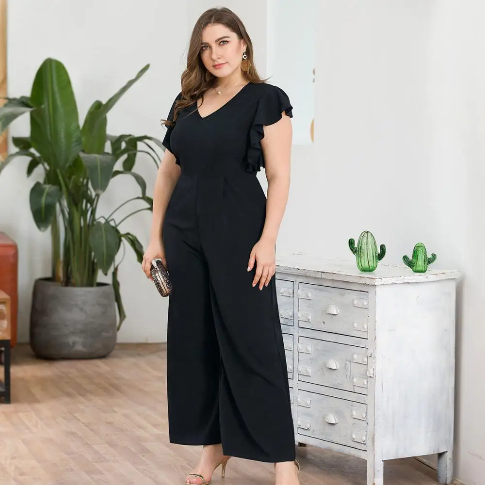WHZHM с оборками v-образным вырезом черные комбинезоны женские свободные брюки