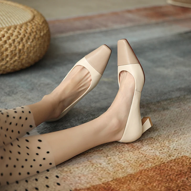 

QUTAA 2021 Mixed Color Genuine Leather Square Heels Pointed Toe Spring Autumn Female Shoes Slip On Basic Women Pumps Size 34-39