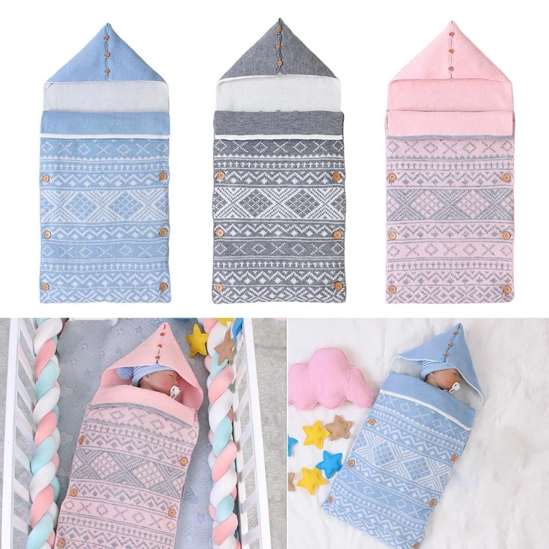 

Baby Hooded Button Stroller Sleeping Bag Newborn Swaddle Wrap BlanketAutumn Knitted Envelopes Sleepsack Infants Bedding