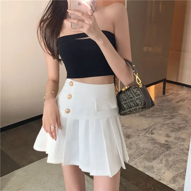 

TINT ERA 2021 New Pleated High Waist Thin A-line Skirt Solid Color College Style Gothic Summer Sexy Dress Women Y2K