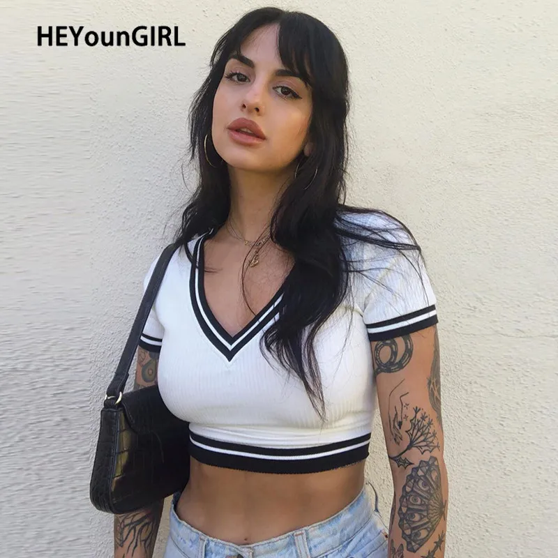 HEYounGIRL лоскутное полоски с v образным вырезом коротким рукавом T героя мультфильма