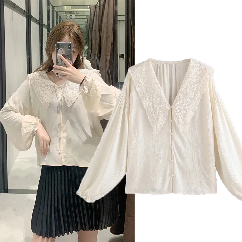 

Wesay Jesi 2021 Spring New Ladies Casual V-Neck Long-sleeved Shirt Single-breasted Loose Fashion Sweet Fresh Daily Chic Top