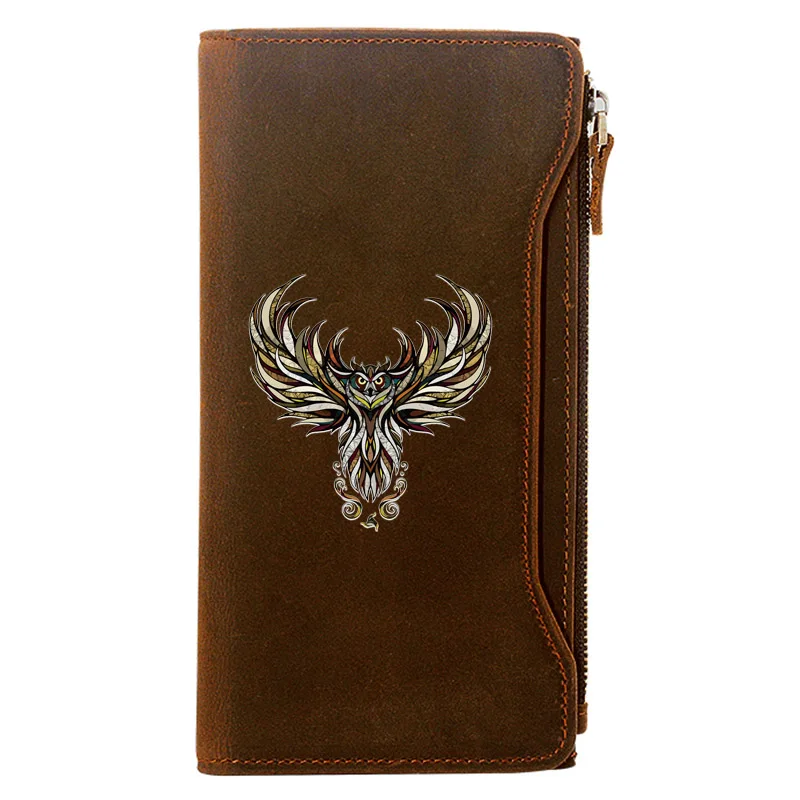 

Cute Owl Design Credit Card Holder Package Genuine Leather Zipper Wallet Men Long Clutch Purse