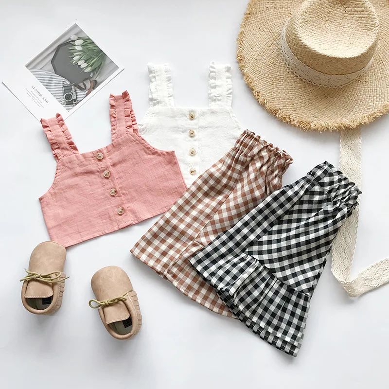 Модная летняя одежда клетчатая юбка платье для маленьких девочек без рукавов