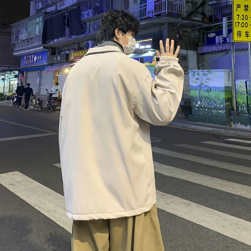 

Mens Casual Jacket Plus Fleece Windbreaker Jacket Male Japanese Hip-hop Youthful Loose Solid Color Men Casual Thick Jacket S-3XL