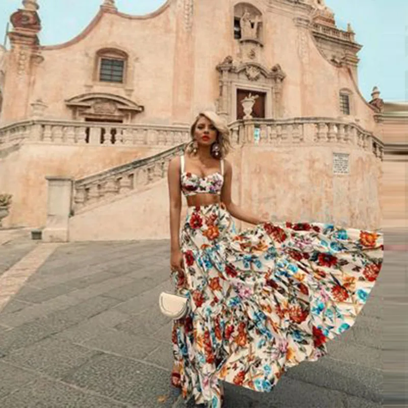Sexy Women suit 2020 New Summer Two Piece Set Crop Top Retro Printed sling beach Long Dress High Waist Skirts Holiday Lady |