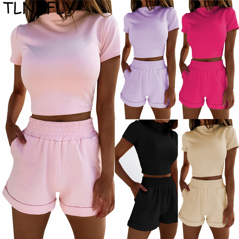 

Women's Summer Two Pieces Set 2021 Streetwear Short-Sleeved Top And High-Waist Shorts Beach Vacation Sexy Casual Suit S-3XL Size