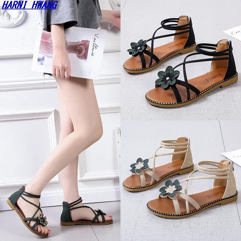 

Summer Flat Women Sandals Open Toe Ladies Beach Shoes Thin Belt Combination Rubber Roman Buckle Slippers Size 35-40 Wholesale