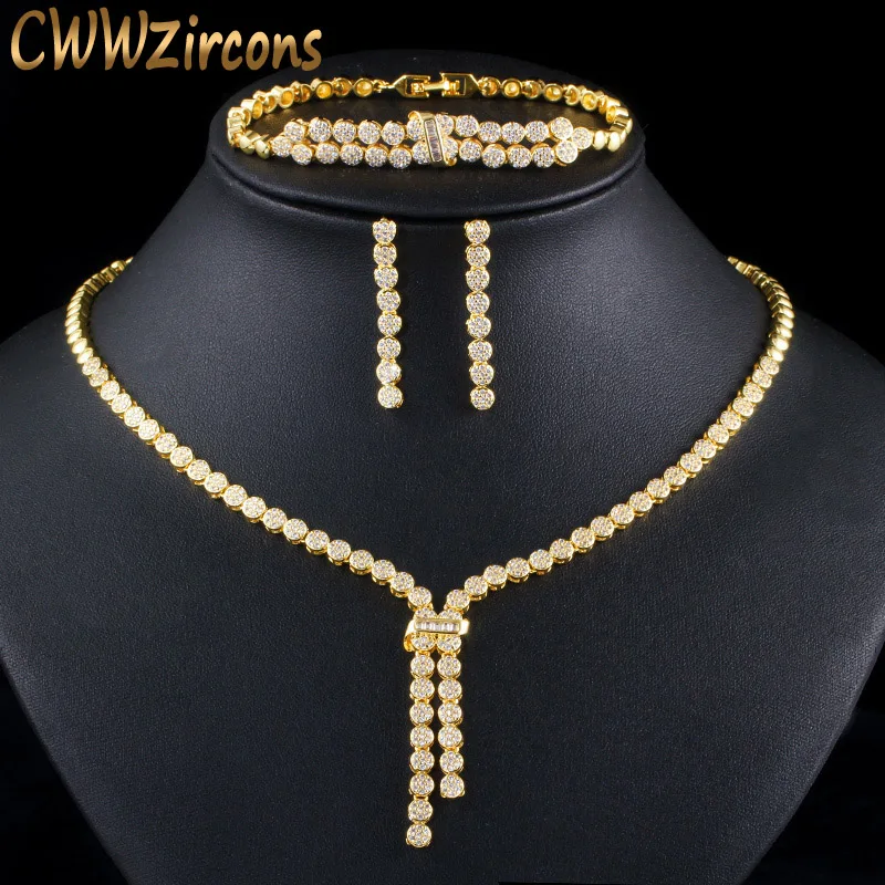 

CWWZircons 3 pcs CZ Tassel Drop Bridal Wedding Necklace Earrings Bracelet Indian Dubai Gold Color Jewelry Set for Women T400