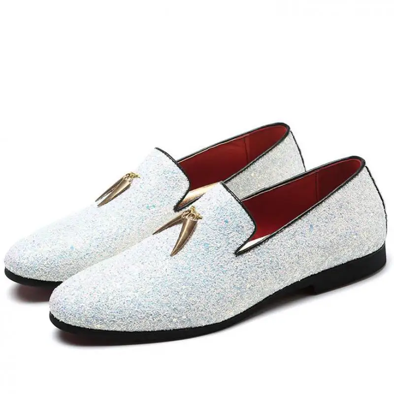 

37~48 Plus Size White Italian Glitter Loafers Mens Sequin Shoes Men Pointed Toe Dress Weddings Shoes Classic Loafer Formal Shoe