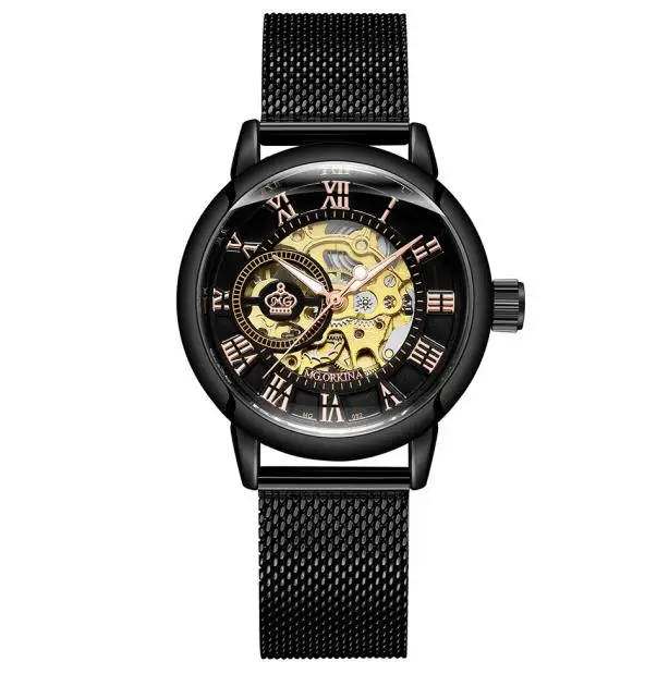 Reloj Mujer Montre Femme серебряные ЖЕНСКИЕ НАРЯДНЫЕ Часы Дамские автоматические механические часы с ремешком из нержавеющей стали - Цвет: Черный
