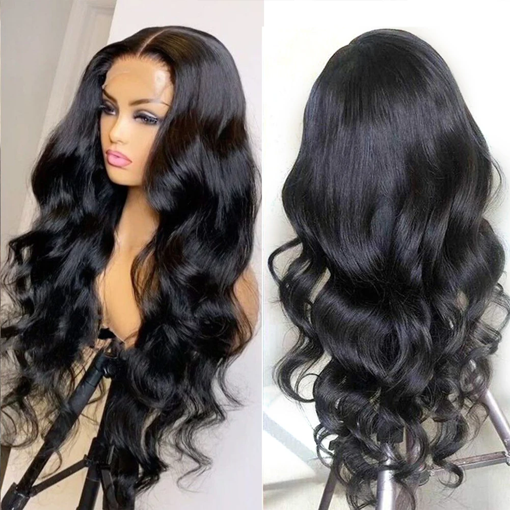 

Glueless Body Wave Lace Wig Black Color Synthetic Lace Front Wigs with Baby Hair Natural Hairline Fiber Hair 150% Density