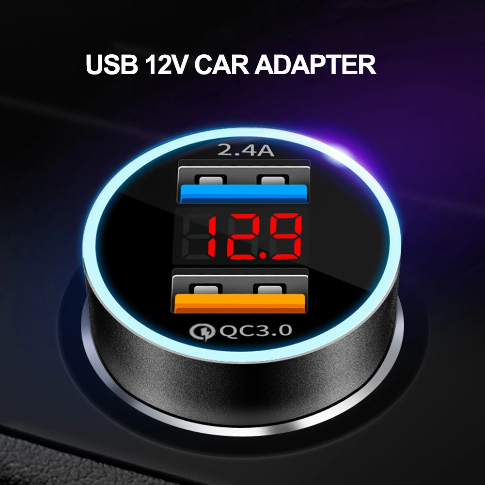 Автомобильное зарядное устройство QC 3 0 с двумя USB-портами и цифровым дисплеем 12 В |