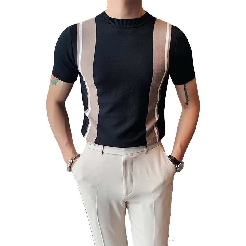 

British Style Summer Slim Fit Knitted T Shirts Men Short Sleeve Fashion O-Neck 2021 Contrast Color Striped Tee Shirt Homme 3XL
