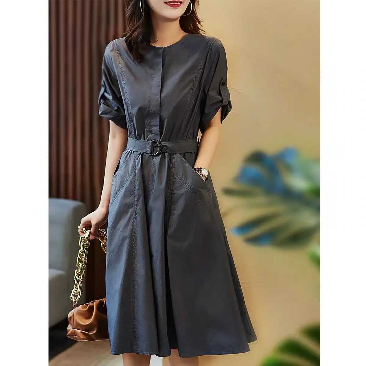 

Fashion Grey Lace Up Shirt Dresses Women's 2021 Spring New A-line Dress Vestidos