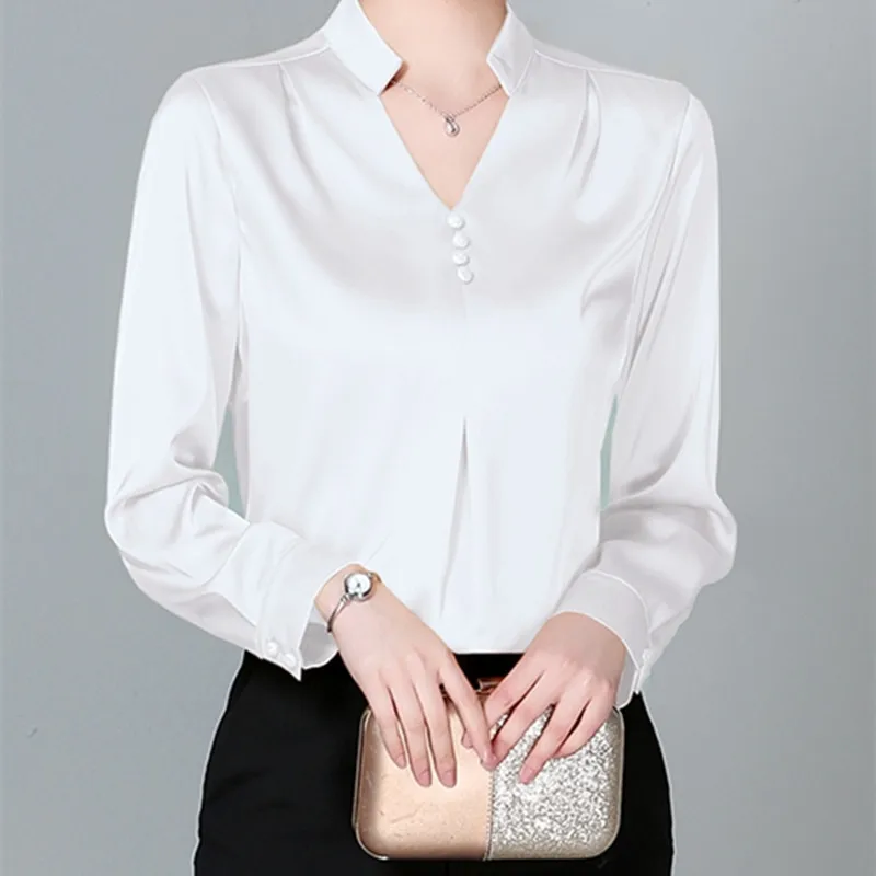 

Women's Summer Blouses Solid Satin Shirt for Women Long Sleeve Blouse Women's Clothing 2021 White V-neck Blouse Female Trf Shirt