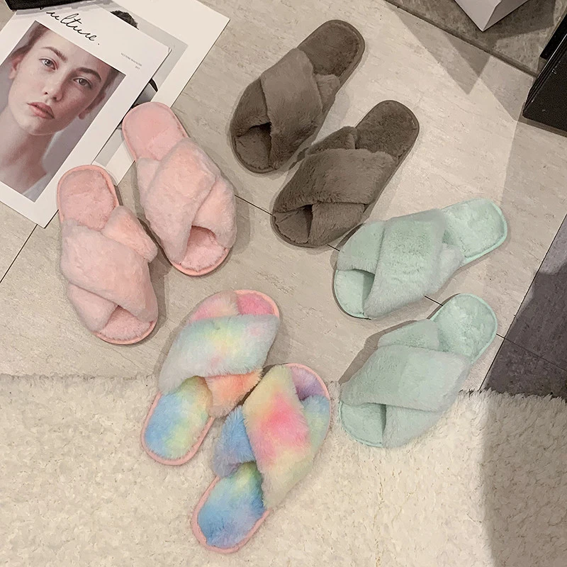 

2020 Winter Fashion Women Home Slippers Faux Fur Warm Shoes Woman Slip on Flats Female Fur Flip Flops Pink Plus Size 36-41