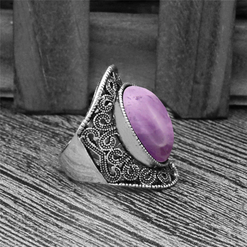 Полые цветок овальный Природный Фиолетовый Камень Кольца для Для женщин Винтаж