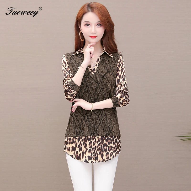 

5XL Casual Leopard Patchwork Red Fashion Woman Blouses 2020 Long Sleeve Blouse Women Tops And Blouses Blusa Feminina Shirt