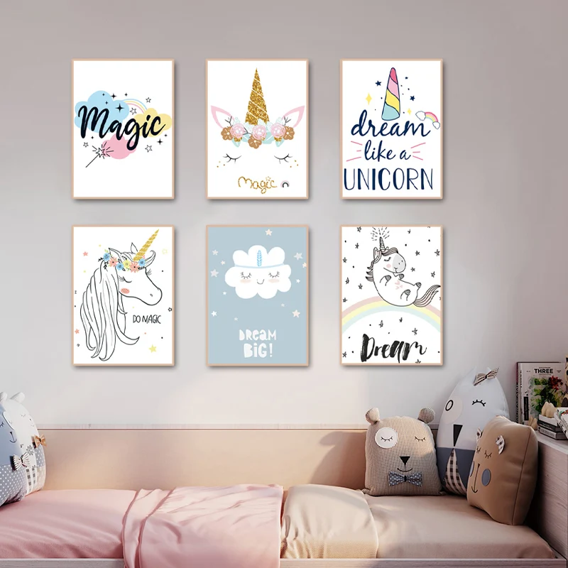 

Unicorn Rainbow Poster Set of 6 Baby Nursery Cartoon Animal Quotes Wall Art Canvas Painting Nordic Kid Girl Bedroom Decor
