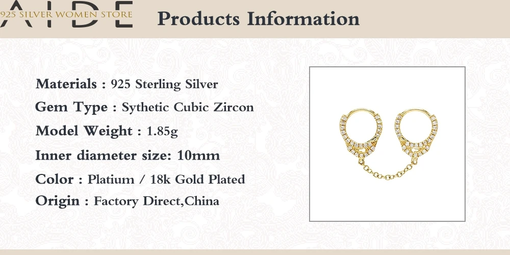 

AIDE 1pcs Handcuffs Earrings For Women 925 Sterling Silver Earrings Dangle Piercing Jewelry Ear Cuffs Pendientes C #8.1