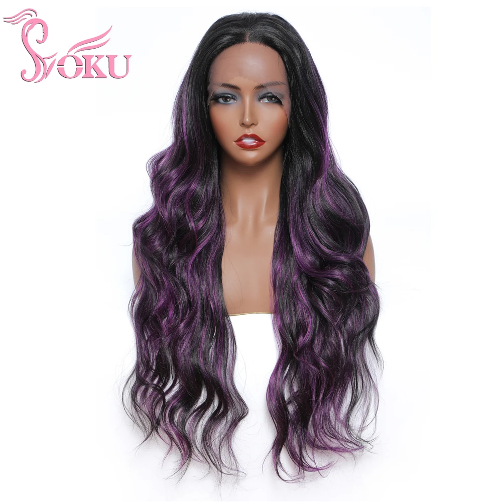 

Soku Wavy Lace Frontal Wig with Purple Highlights 28 Inches Long Synthetic Wig Free Part Lace Wig For Black Women Body Wave Wigs