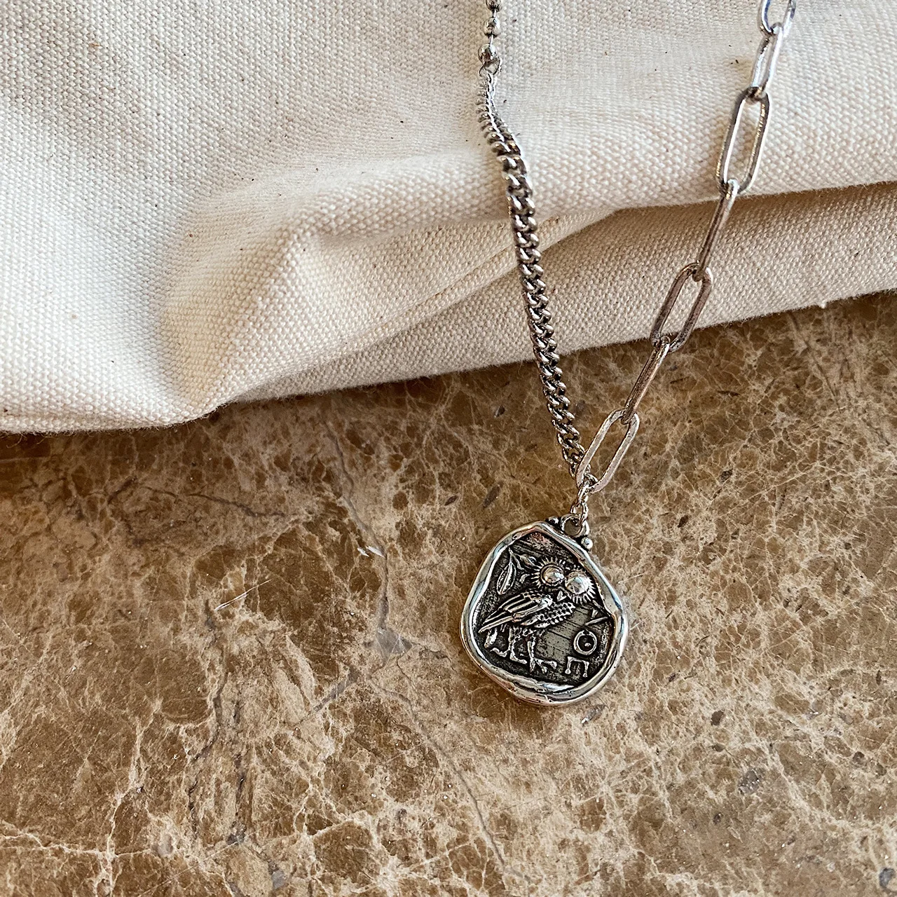 925 Серебряное ожерелье в винтажном стиле с эффектом потертости Бесплатная Сова