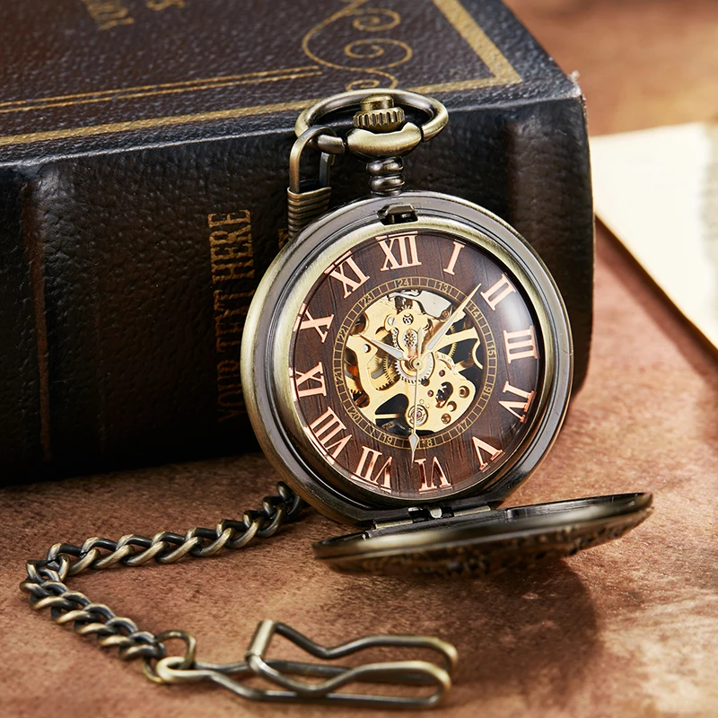 Roman Numeral Antique Mechanical Pocket Watch Old Dragon Steampunk Dual Open Skeleton Dial Fob Chain Clock for Men Dropshipping