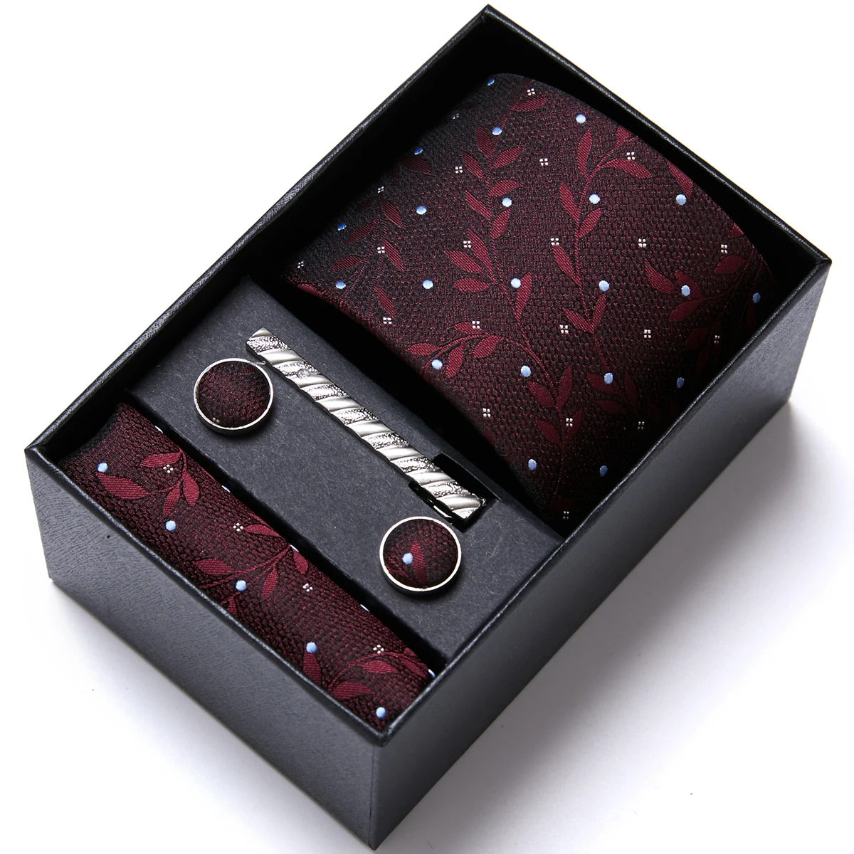 

High Grade Holiday Gift Box For Men Brown Floral Paisley Dot 100% Silk Men Tie Hanky Cufflinks Set Tie Cip Necktie Gravatas
