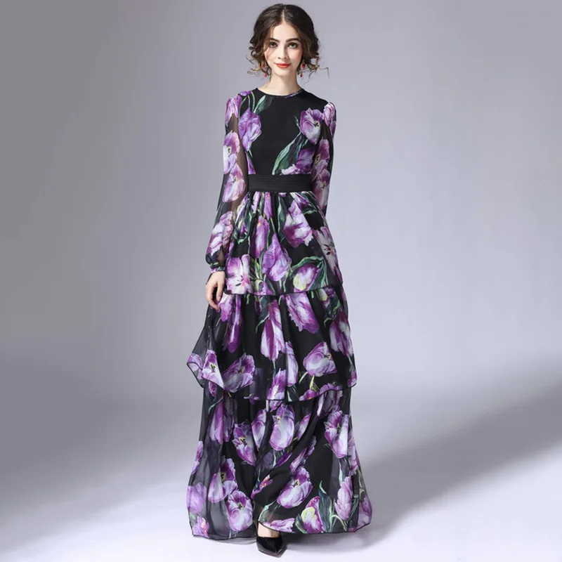 

Sexy Purple Long Sleeve Zipper Dress Elegant Regular Waist Floor Length Casual Polyester Chiffon O Neck Formal Women Dresses