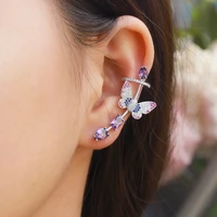 threegraces new fashion butterfly ear cuff wrap stud earring for women shiny purple cz crystal silver color animal jewelry er591