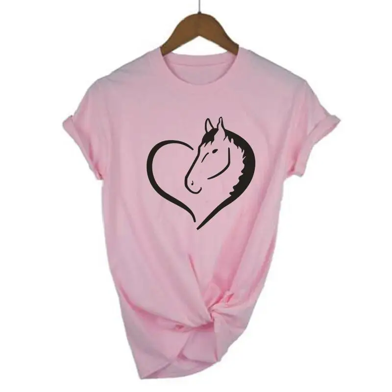 Мода лошадь футболка с принтом женские топы Короткий рукав О до образный вырез