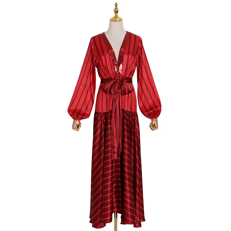 

Wind new sexy v-neck lantern sleeve strap stripe contrast stitching waist long dress