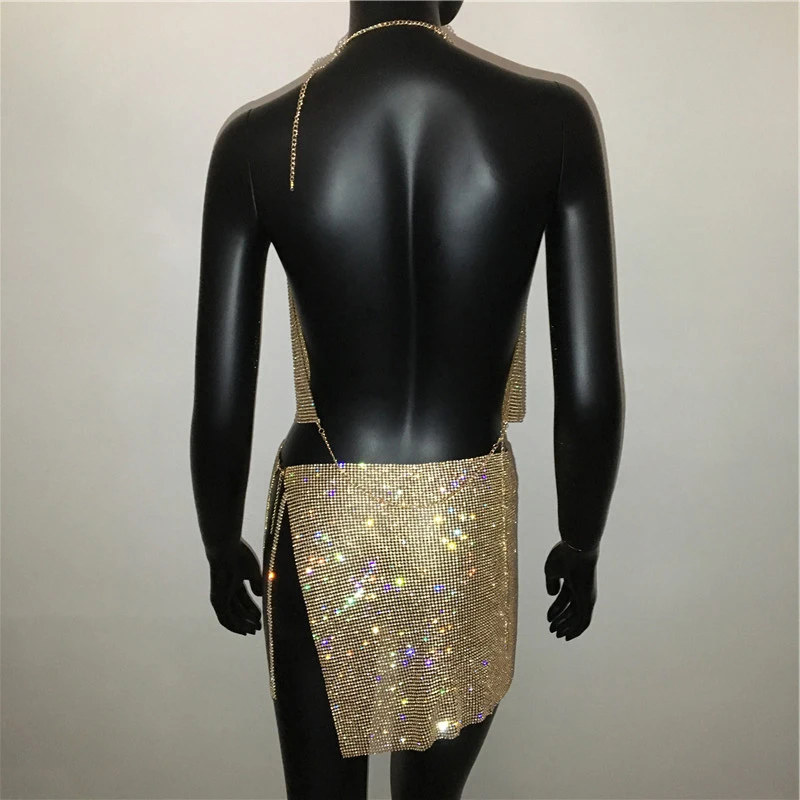 

FestivalQueen Women's Rhinestone Sequin Set Sparkly Gold Silver Halter Backless Deep V Crop Top Crystal Metal Split Mini Skirt