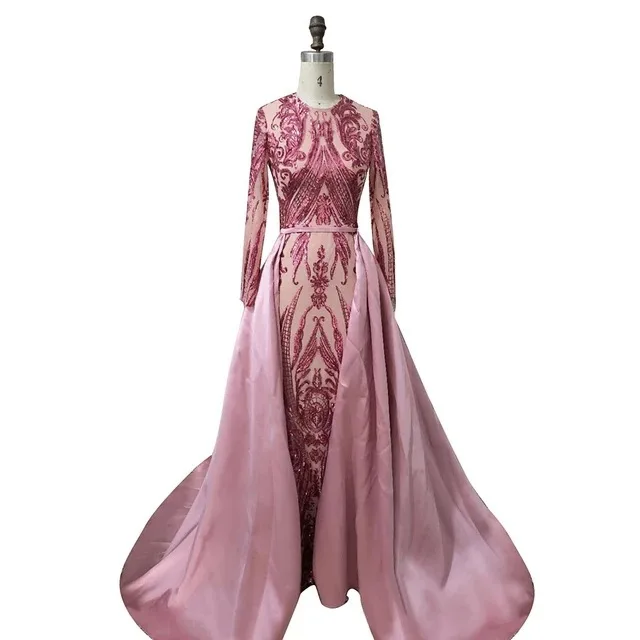 

Arabic Dubai Muslim Pink Formal Evening Dresses Glitter Sequined Long Sleeves Crew Neck Moroccan Kaftan Prom Party Gown Occasion