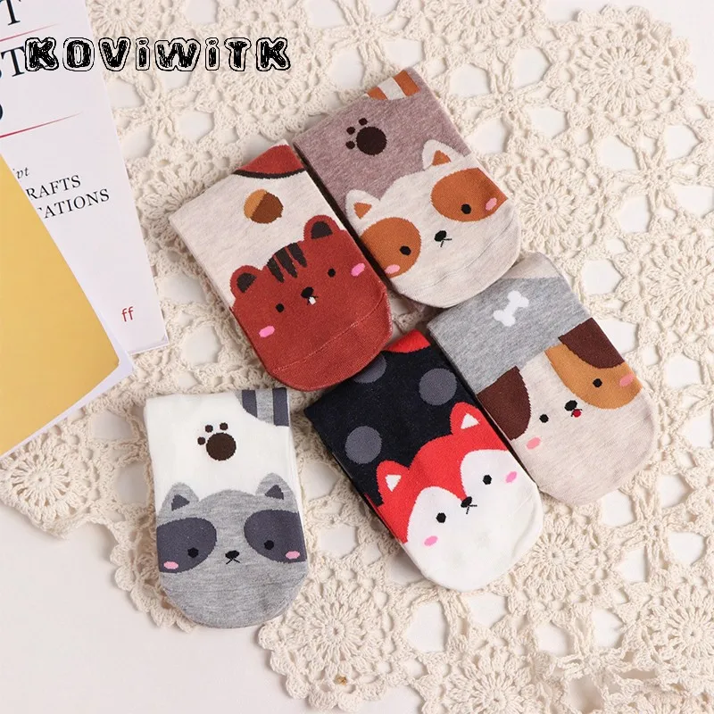 Animal dog Cotton Socks for womens Short fox/cat Funny Lady Dots Winter Fashion Black sock Harajuku Casual Cute women Gift sox