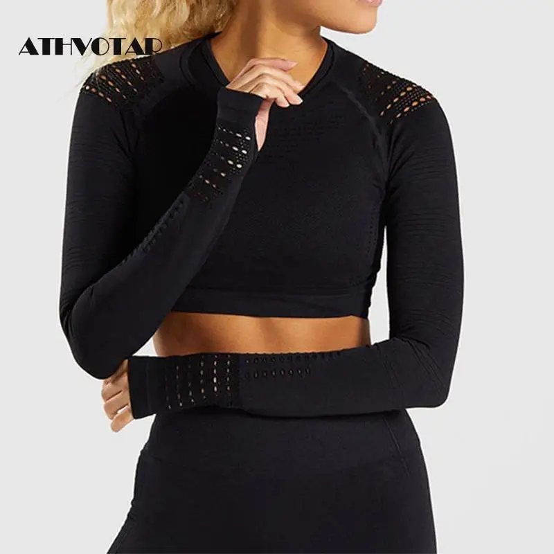 Женский бесшовный укороченный топ ATHVOTAR Спортивная футболка с длинным рукавом